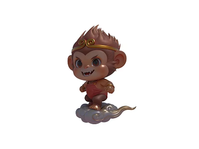 Cute Monkey Doll With Golden Headband Red Outfit Standing On Cloud Base 3d model