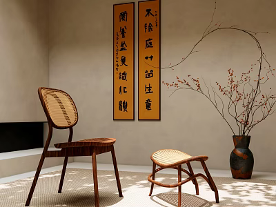 Zen Style Wooden Leisure Chair with Rattan Backrest Matching Stool Calligraphy Scrolls and Branch Vase 3d model