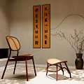 Zen Style Wooden Leisure Chair with Rattan Backrest Matching Stool Calligraphy Scrolls and Branch Vase