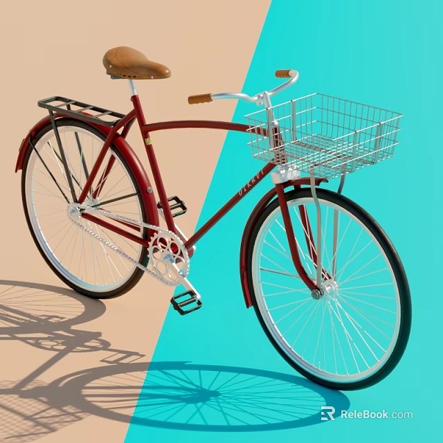 Red Bicycle With Brown Seat Metal Basket And Rear Rack On Blue Pink Gradient Background 3d model 