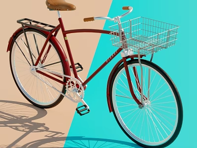 Red Bicycle With Brown Seat Metal Basket And Rear Rack On Blue Pink Gradient Background 3d model