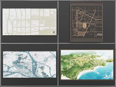 Wall Featuring Various Urban Planning Maps Detailed Area Layouts And Coastal Green Designs 3d model