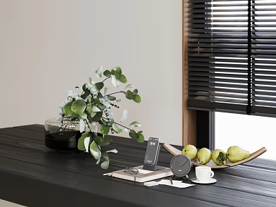Vase with Green Leafy Plants on Black Table Near Window Blinds 3d model