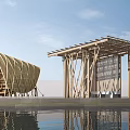 Scenic Modern Wooden Pavilion Structure With Columns And Waterfront Reflection 3d model