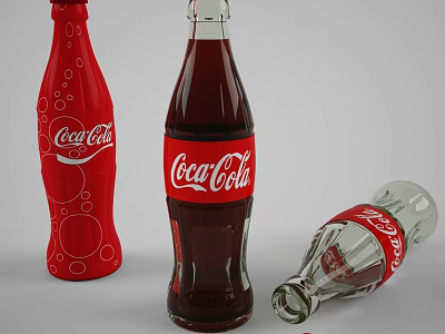 Coca Cola Beverage Bottles With Red Logo Standing And Spilled On White Surface 3d model