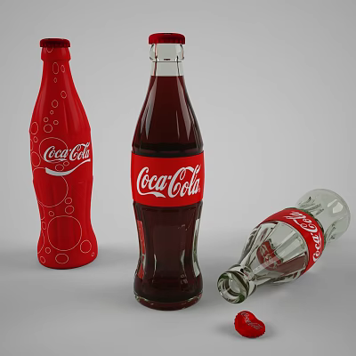 Coca Cola Beverage Bottles With Red Logo Standing And Spilled On White Surface 3d model