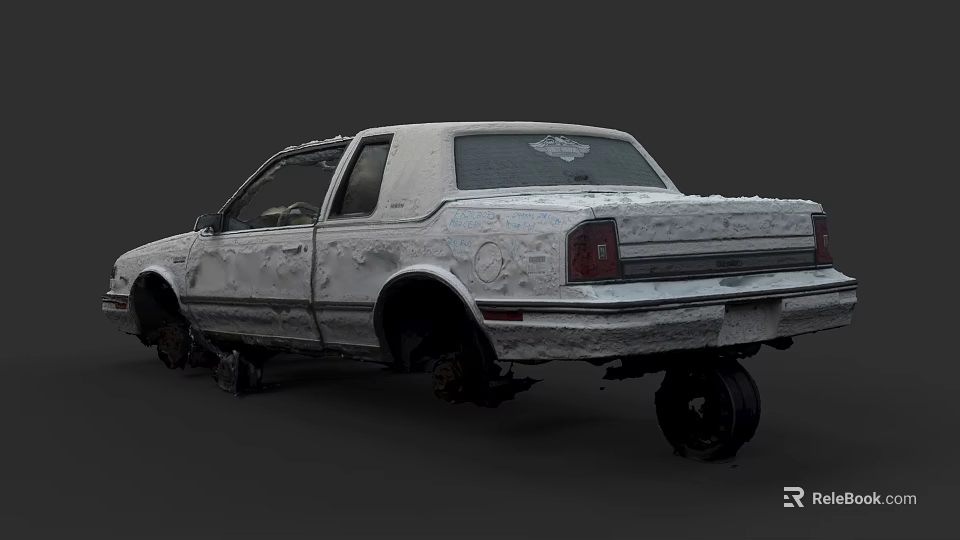 Abandoned White Sedan With Broken Windows Rust And Damaged Tires 3d model 