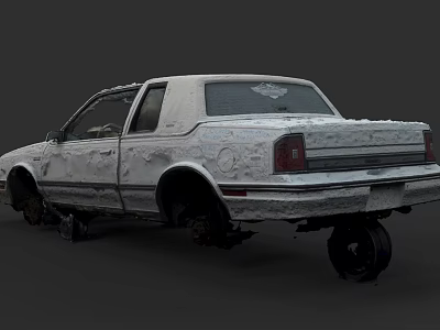 Abandoned White Sedan With Broken Windows Rust And Damaged Tires 3d model