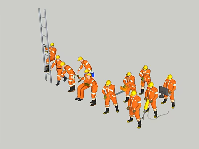 Group of Construction Workers in Orange Uniforms Using Ladder and Tools 3d model