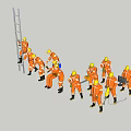 Group of Construction Workers in Orange Uniforms Using Ladder and Tools 3d model