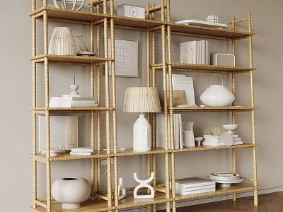 Multi Tiered Golden Bamboo Etagere with Vases Books Picture Frames Lamp and Plates 3d model