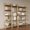 Multi Tiered Golden Bamboo Etagere with Vases Books Picture Frames Lamp and Plates