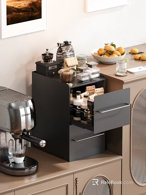 Contemporary Cafe Interior With Coffee Machine Open Drawer And Fresh Lemons On Countertop 3d model 