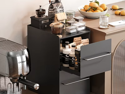 Contemporary Cafe Interior With Coffee Machine Open Drawer And Fresh Lemons On Countertop 3d model