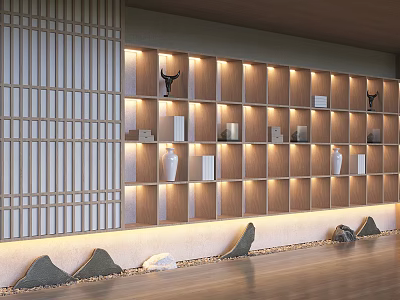 Tranquil Leisure Area With Wooden Lattice Screen Illuminated Shelves Ornaments Stone Pebbles And Wooden Flooring 3d model