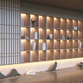 Tranquil Leisure Area With Wooden Lattice Screen Illuminated Shelves Ornaments Stone Pebbles And Wooden Flooring