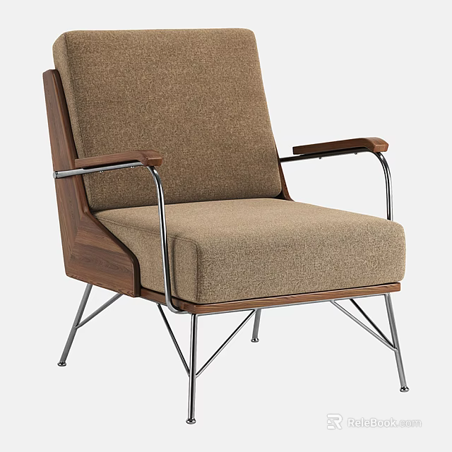 Brown Fabric Armchair With Wooden Armrests And Metal Legs Modern Design 3d model 