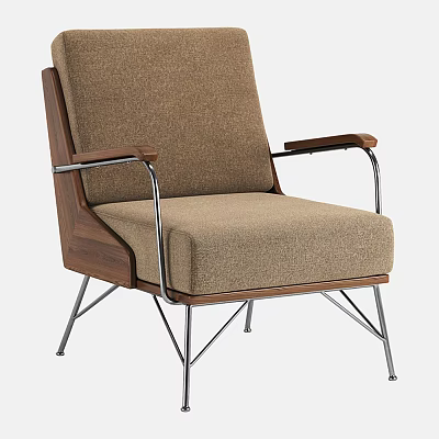 Brown Fabric Armchair With Wooden Armrests And Metal Legs Modern Design 3d model
