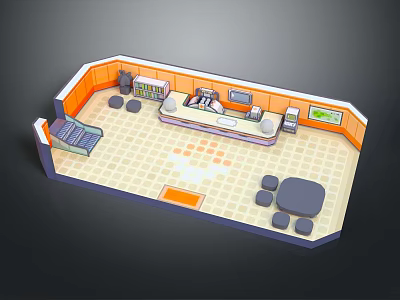 Cartoon Style Interior Scene With Counter Seats Wall Art And Patterned Floor 3d model