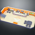 Cartoon Style Interior Scene With Counter Seats Wall Art And Patterned Floor