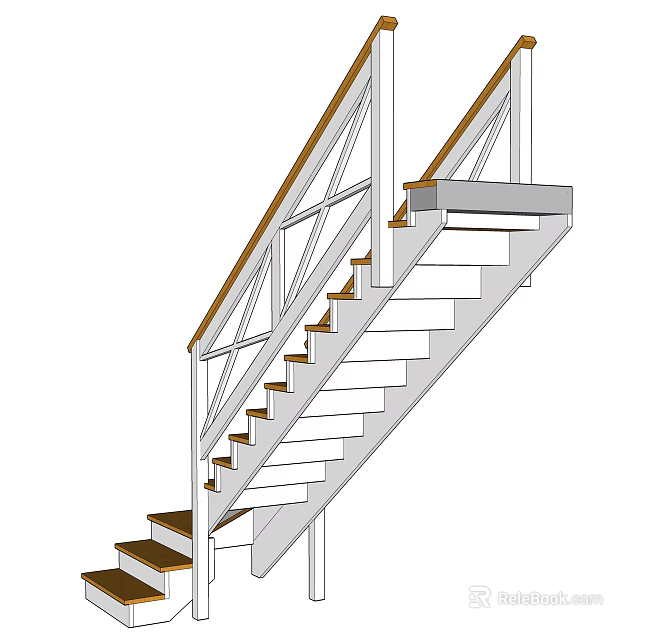 Modern Interior Staircase Design Featuring White Frame Railing And Brown Steps 3d model 