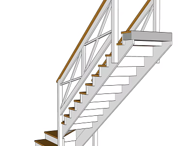 Modern Interior Staircase Design Featuring White Frame Railing And Brown Steps 3d model