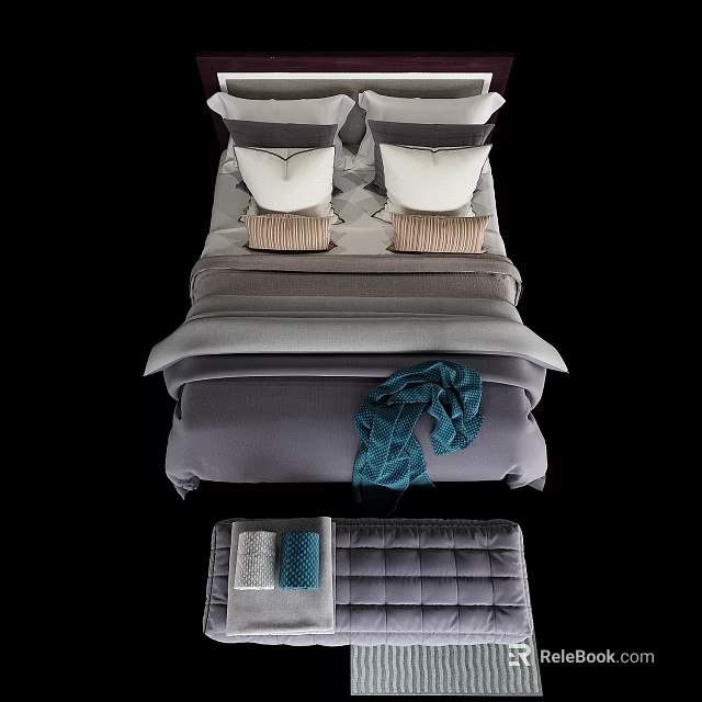 Stylish Double Bed With Layered Gray Bedding Decorative Pillows And Teal Accents 3d model 
