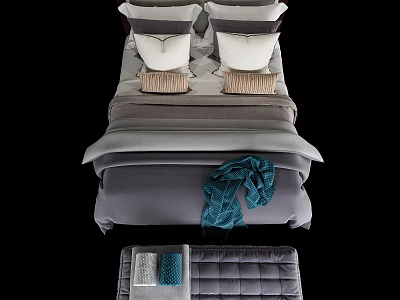 Stylish Double Bed With Layered Gray Bedding Decorative Pillows And Teal Accents 3d model