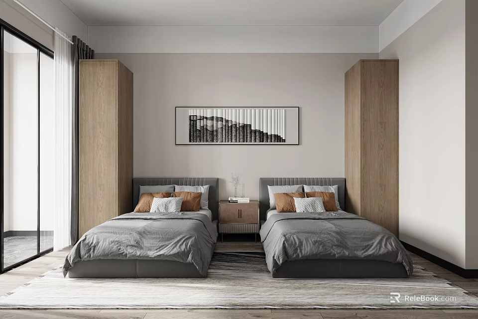 Modern Bedroom Interior with Twin Beds Wooden Wardrobes And Wall Artwork 3d model 