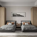 Modern Bedroom Interior with Twin Beds Wooden Wardrobes And Wall Artwork