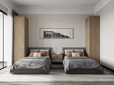 Modern Bedroom Interior with Twin Beds Wooden Wardrobes And Wall Artwork 3d model
