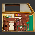 Miniature Room Interior With Wooden Desk Bookshelf Green Piano And Rug