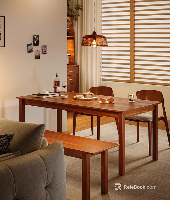 Wooden Dining Table Set with Chairs in Cozy Living Room Featuring Plates Wine Glass Bottle 3d model 