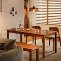 Wooden Dining Table Set with Chairs in Cozy Living Room Featuring Plates Wine Glass Bottle