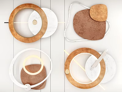 Modern Geometric Wall Decor With Wooden Marble And Circular White Elements 3d model