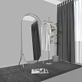 Full Length Mirror with Silver Metal Stand Hanging White Dress Green Plant Gray Curtains