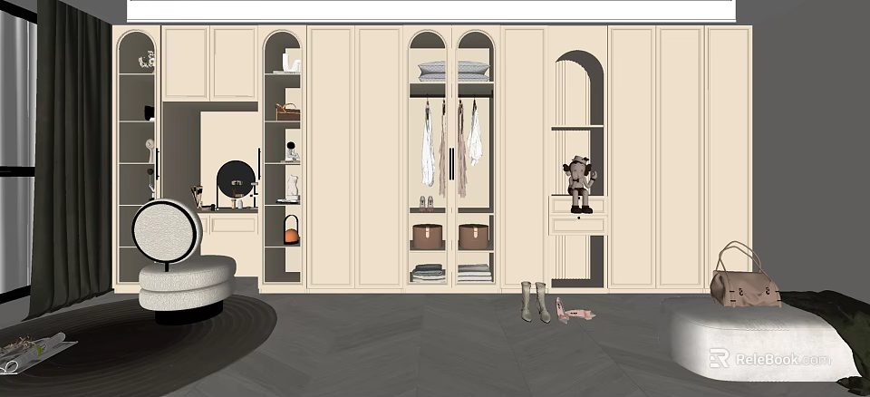 Modern Beige Wardrobe Design With Open Shelves Hanging Clothes Storage Baskets And Decorations 3d model 