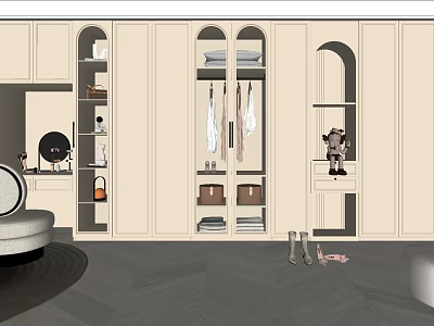 Modern Beige Wardrobe Design With Open Shelves Hanging Clothes Storage Baskets And Decorations 3d model