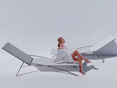 Modern Design Lounge Chair with Metal Frame Light-colored Cushion and Woman Sitting in White Background 3d model