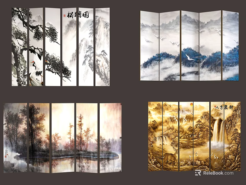 Traditional Chinese Landscape Screen with Pine Trees Cranes and Waterfall Design 3d model
