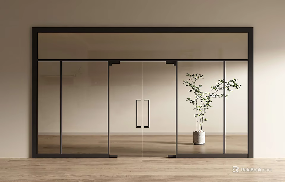 Modern Double Glass Doors Design With Black Frame And Potted Plant On Wooden Floor 3d model 