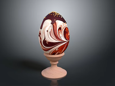 Decorated Chocolate Egg With Red And White Marble Pattern And Gold Sprinkles On Wooden Stand 3d model