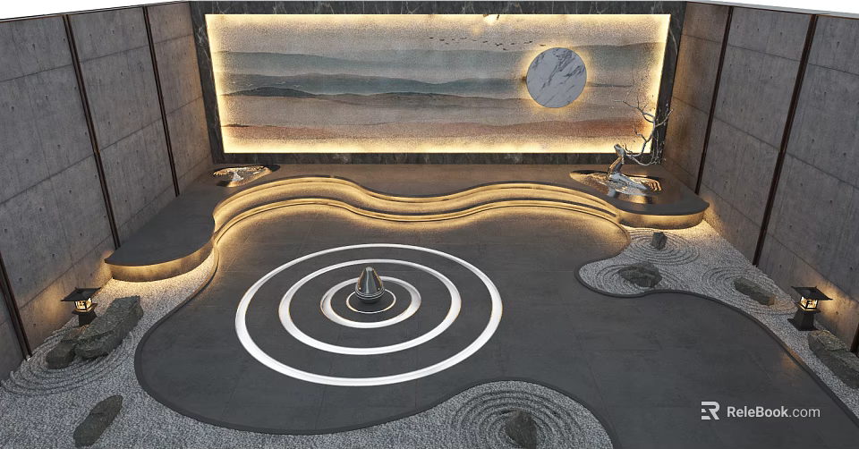 Zen Garden Landscape With Wavy Pathways Circular Ring Design Moon Decoration And Mountain Painting 3d model 