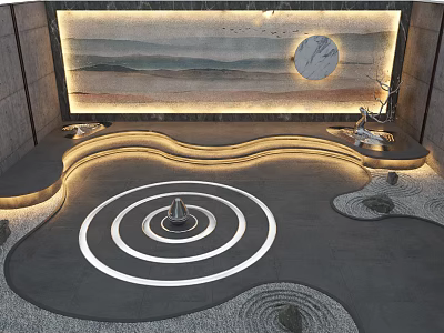 Zen Garden Landscape With Wavy Pathways Circular Ring Design Moon Decoration And Mountain Painting 3d model