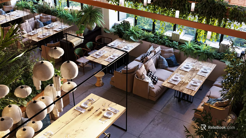 Open Restaurant Interior With Lush Greenery Natural Light Cozy Seating And Wooden Dining Tables 3d model 
