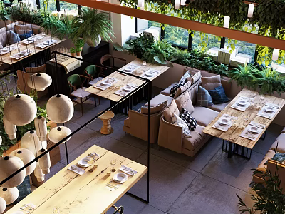 Open Restaurant Interior With Lush Greenery Natural Light Cozy Seating And Wooden Dining Tables 3d model