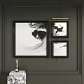 Abstract Black and White Paintings Set Hanging on Dark Green Wall Decor