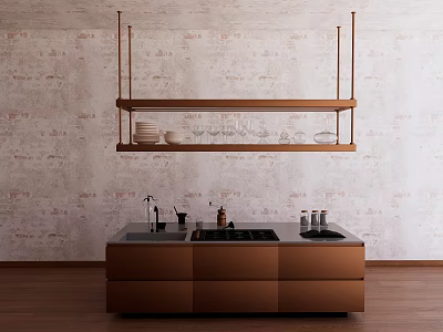 Modern Copper Bar Counter With Hanging Shelf Wine Glasses Plates And Textured Wall 3d model