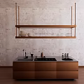 Modern Copper Bar Counter With Hanging Shelf Wine Glasses Plates And Textured Wall