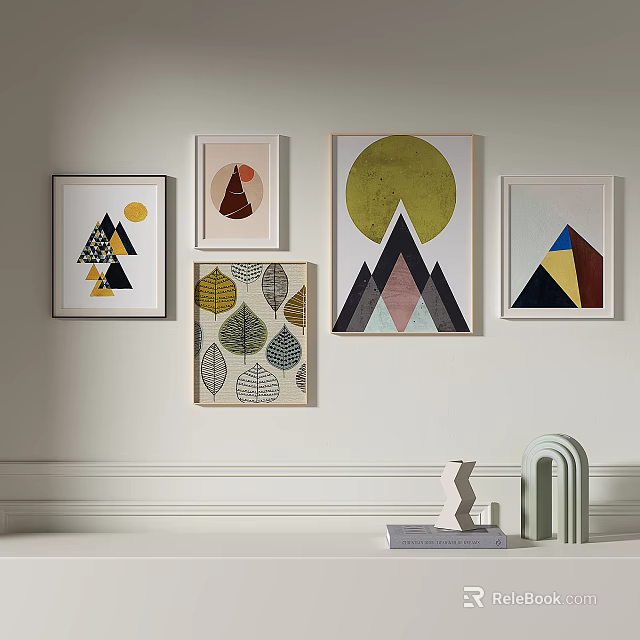 Modern Wall Art Decor With Geometric Patterns Leaf Designs And Decorative Figurines 3d model